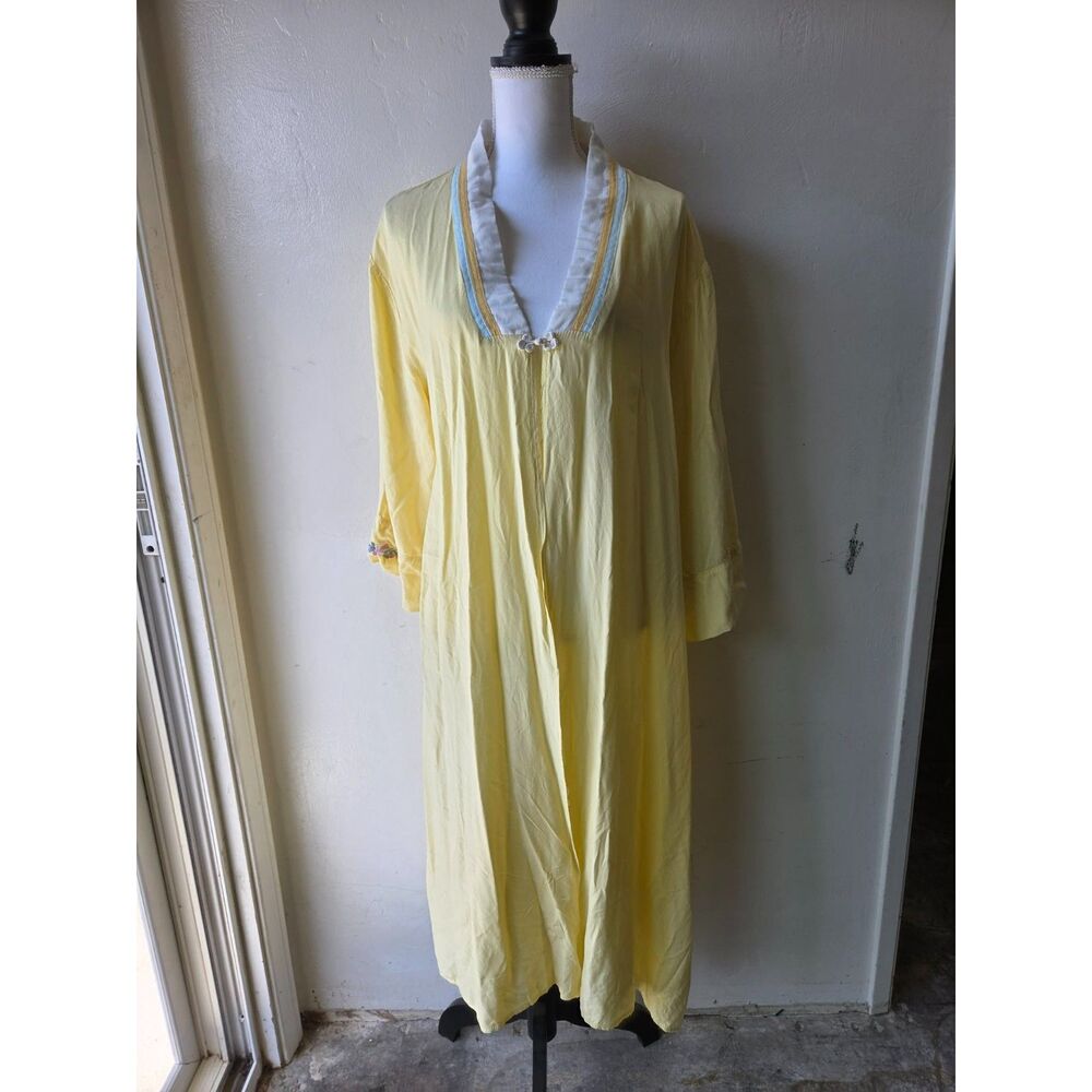 Vintage XL Yellow Duster Robe Boho Embroidered Kimono Caftan House Coat